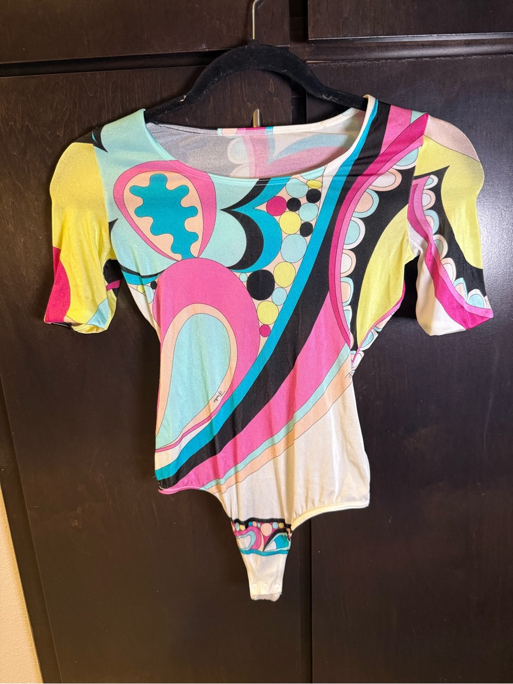 Emilio Pucci Pink, Turquoise, Yellow & Black Abstract Print Bodysuit